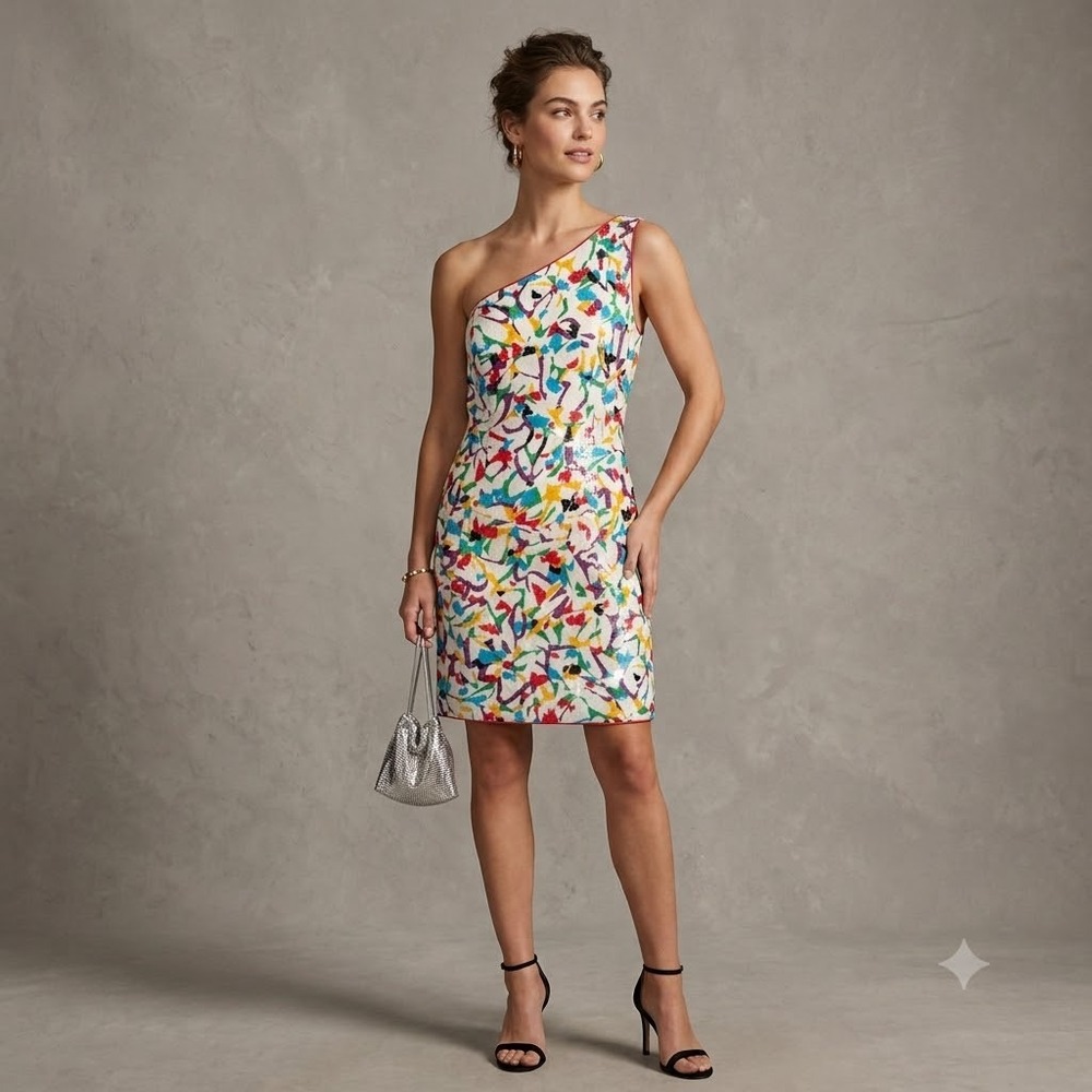 Vintage Morton Myles Pop Art Cocktail Dress Sequin One Shoulder 6